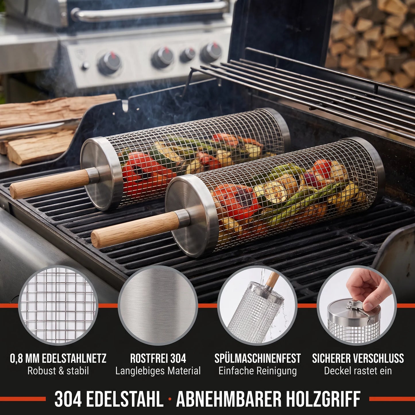 GrillBar – Rollender Edelstahl-Grillkorb