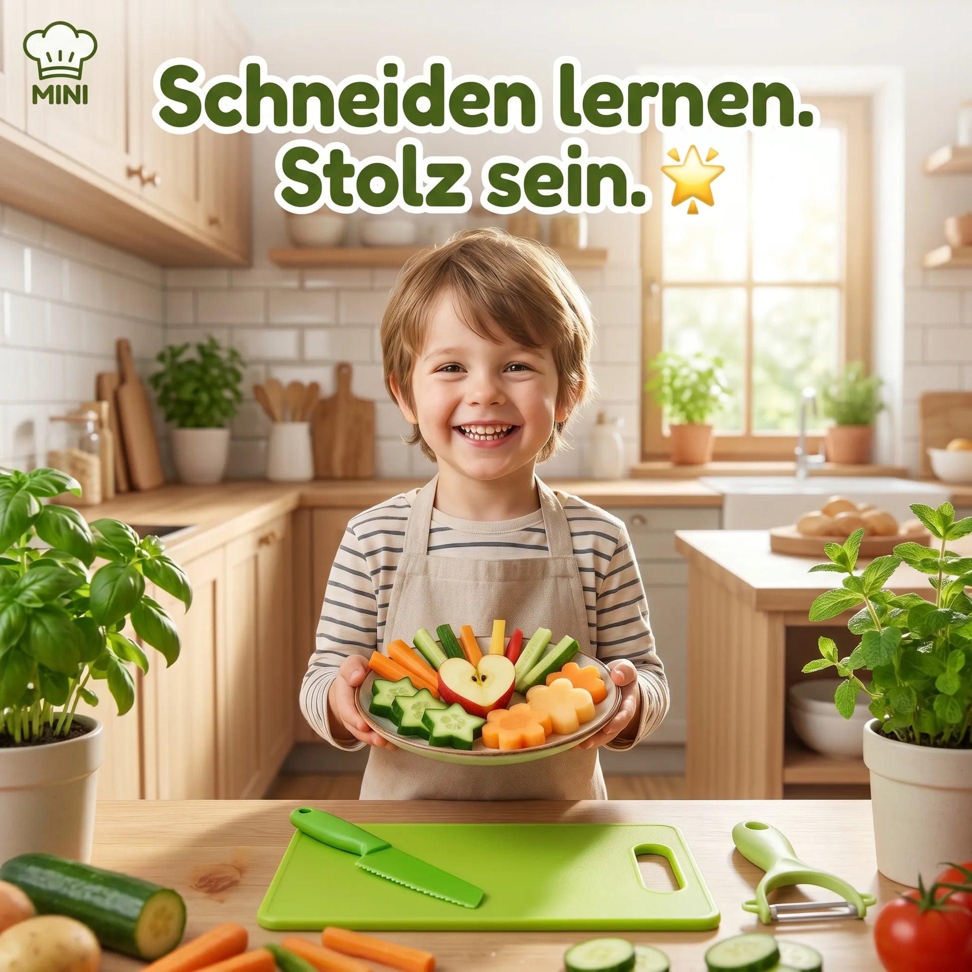 Lächelndes Kind hält Teller mit selbst geschnittenem Obst und Gemüse — MiniKochBar Kinder-Küchenset