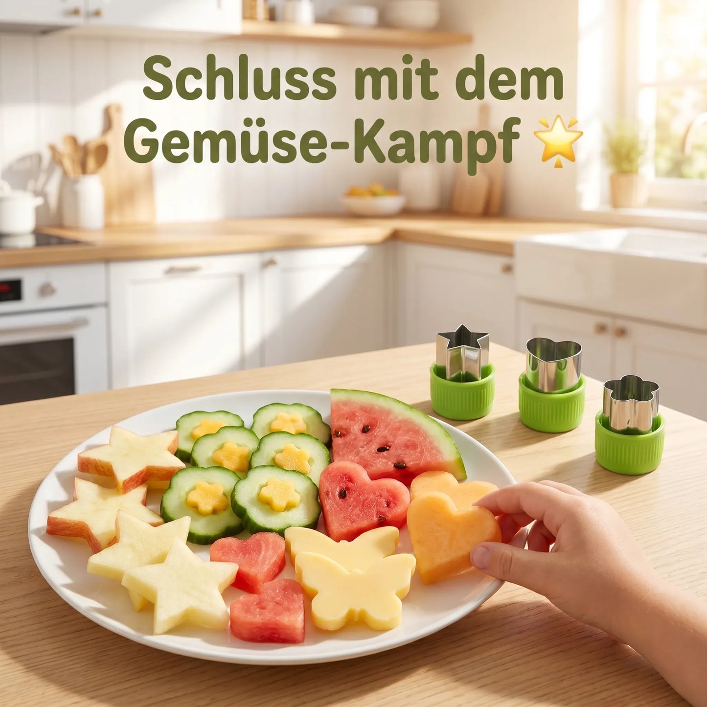 Teller mit Obst und Gemüse in lustigen Formen — Schluss mit dem Gemüse-Kampf mit MiniKochBar