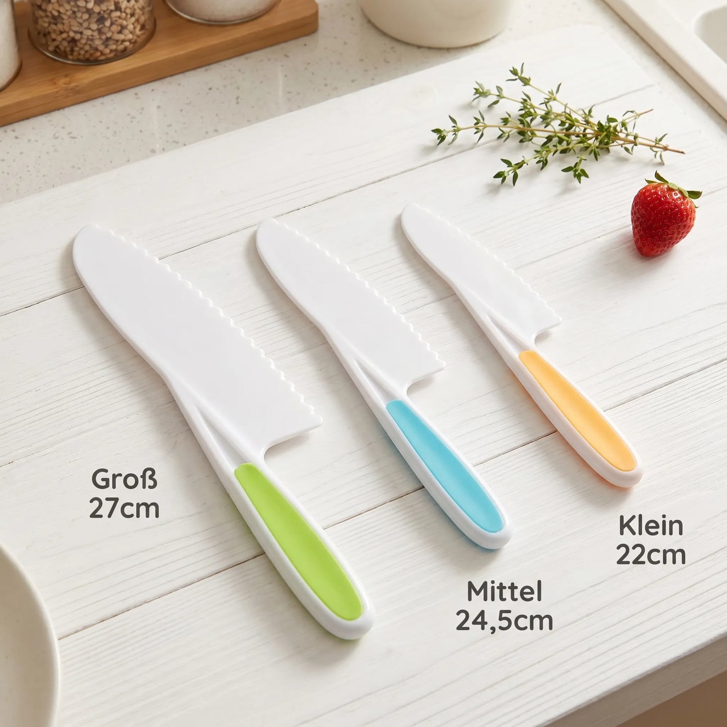 Drei MiniKochBar Kindermesser in Größen Groß 27cm, Mittel 24,5cm, Klein 22cm