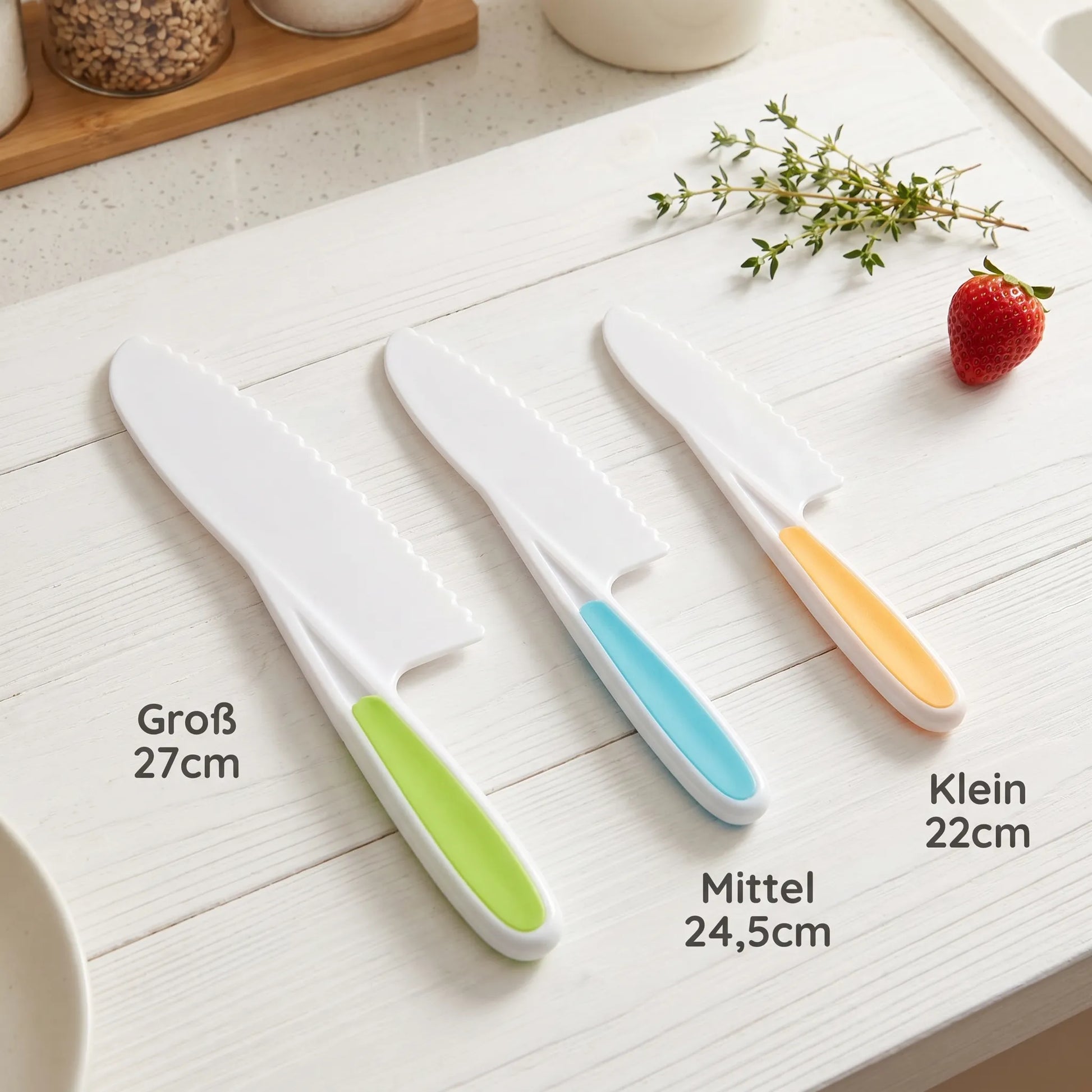 Drei MiniKochBar Kindermesser in Größen Groß 27cm, Mittel 24,5cm, Klein 22cm