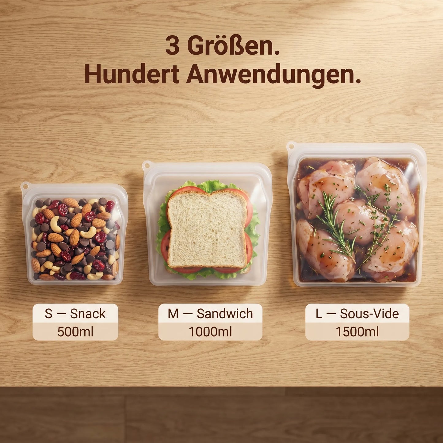 HaltBar 3 Größen — S 500ml Snack, M 1000ml Reste, L 1500ml Familie und Sous-vide