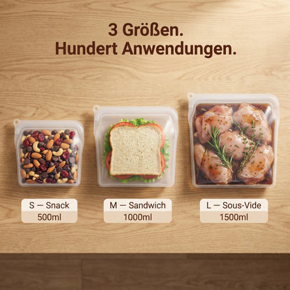 HaltBar 3 Größen — S 500ml Snack, M 1000ml Reste, L 1500ml Familie und Sous-vide